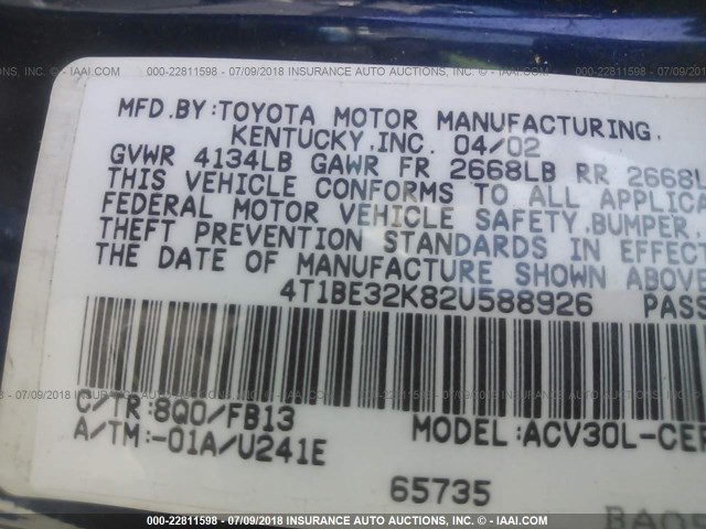 4T1BE32K82U588926 - 2002 TOYOTA CAMRY LE/XLE/SE BLUE photo 9