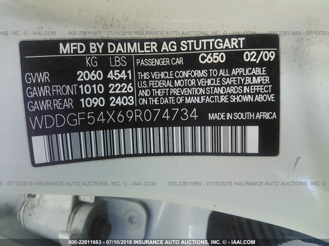 WDDGF54X69R074734 - 2009 MERCEDES-BENZ C 300 WHITE photo 9