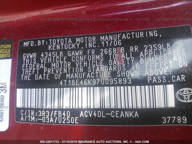 4T1BE46K97U095893 - 2007 TOYOTA CAMRY NEW GENERAT CE/LE/XLE/SE RED photo 9