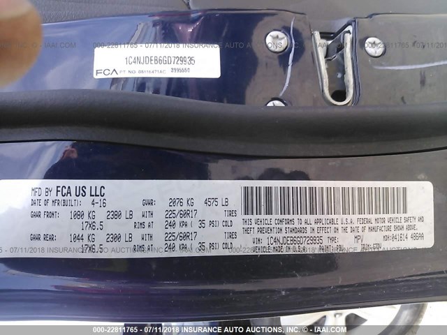 1C4NJDEB6GD729935 - 2016 JEEP COMPASS LATITUDE ლურჯი ფოტო 9