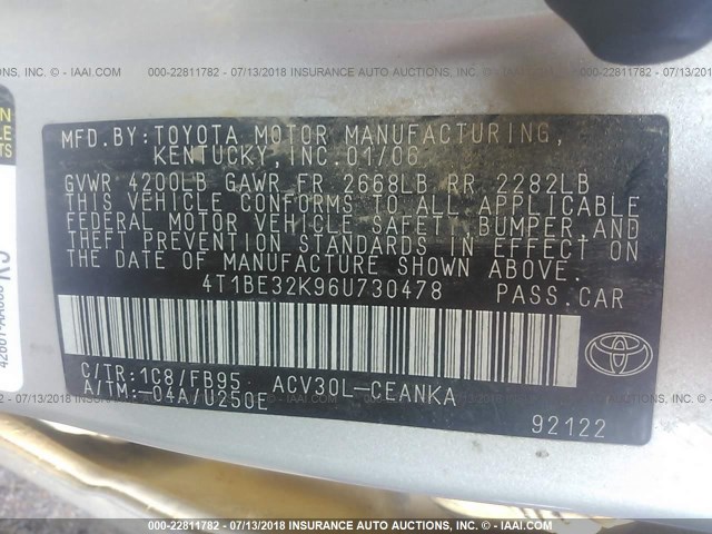 4T1BE32K96U730478 - 2006 TOYOTA CAMRY LE/XLE/SE 银色 照片 9