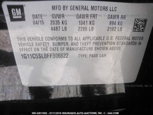 1G11C5SL8FF306622 - 2015 CHEVROLET MALIBU 1LT BLACK photo 9