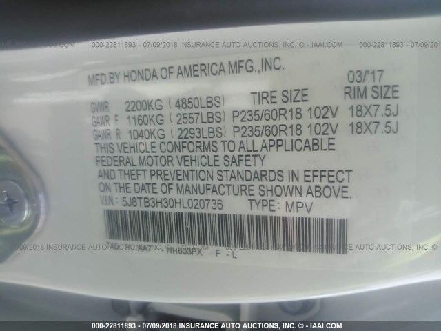 5J8TB3H30HL020736 - 2017 ACURA RDX WHITE photo 9