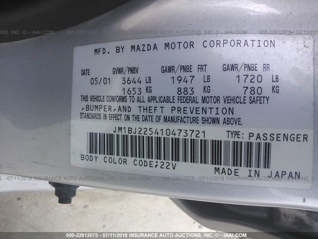 JM1BJ225410473721 - 2001 MAZDA PROTEGE LX/ES ვერცხლისფერი ფოტო 9