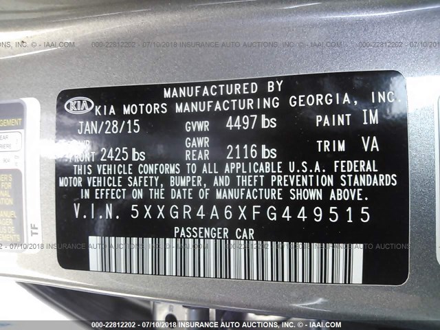 5XXGR4A6XFG449515 - 2015 KIA OPTIMA SX GRAY photo 9