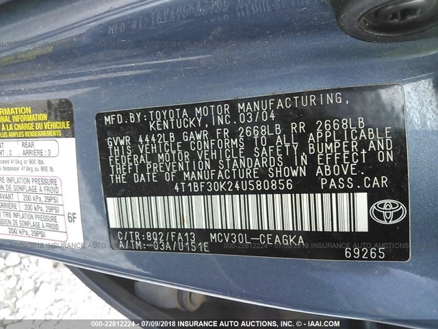 4T1BF30K24U580856 - 2004 TOYOTA CAMRY LE/XLE/SE Açıq mavi foto 9