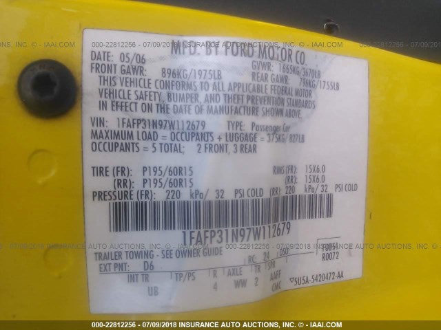 1FAFP31N97W112679 - 2007 FORD FOCUS ZX3/S/SE/SES YELLOW photo 9