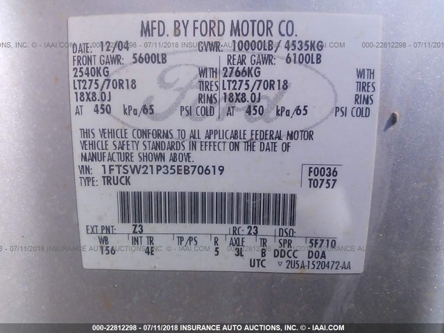 1FTSW21P35EB70619 - 2005 FORD F250 SUPER DUTY SILVER photo 9