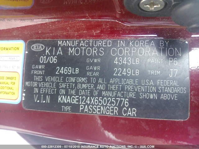 KNAGE124X65025776 - 2006 KIA OPTIMA LX/EX RED photo 9