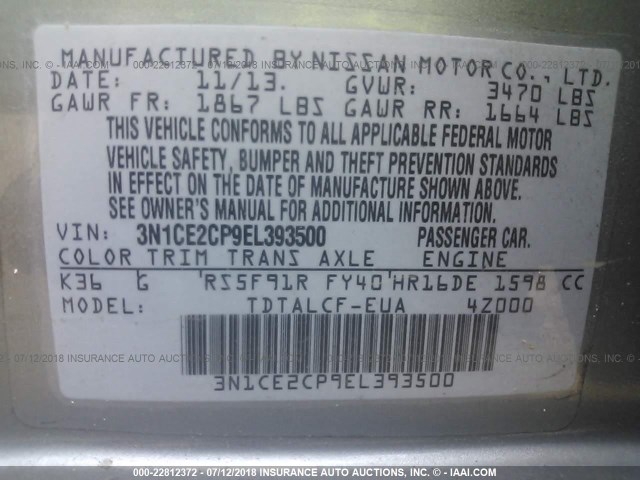 3N1CE2CP9EL393500 - 2014 NISSAN VERSA NOTE S/S PLUS/SV/SL SILVER photo 9