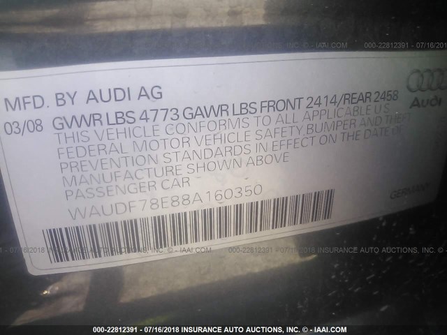 WAUDF78E88A160350 - 2008 AUDI A4 2.0T QUATTRO GRAY photo 9