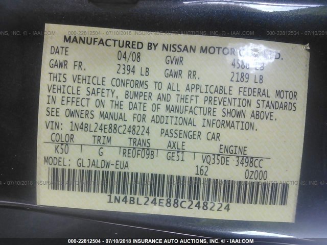 1N4BL24E88C248224 - 2008 NISSAN ALTIMA 3.5SE GRAY photo 9