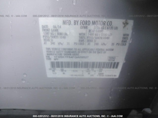 1FM5K7F84FGA09527 - 2015 FORD EXPLORER LIMITED SILVER photo 9