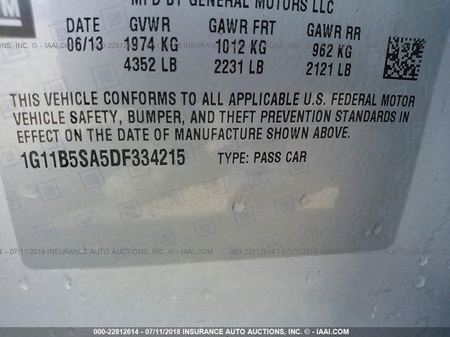 1G11B5SA5DF334215 - 2013 CHEVROLET MALIBU LS ვერცხლისფერი ფოტო 9