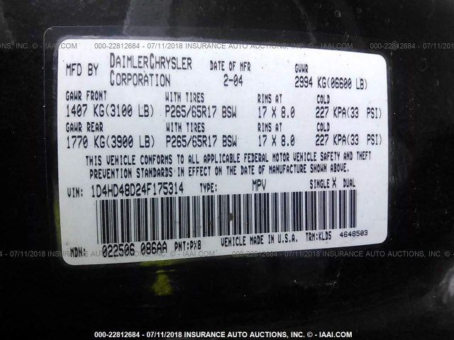 1D4HD48D24F175314 - 2004 DODGE DURANGO SLT BLACK photo 9