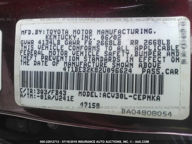 4T1BE32K82U096624 - 2002 TOYOTA CAMRY LE/XLE/SE 红色 照片 9