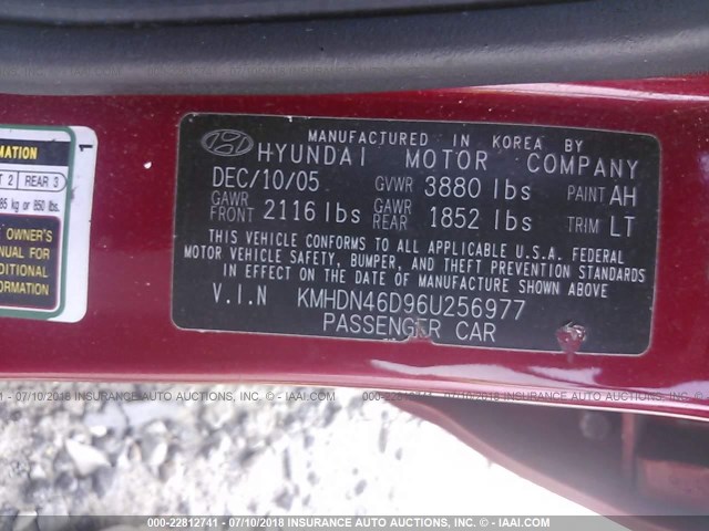 KMHDN46D96U256977 - 2006 HYUNDAI ELANTRA GLS/GT/LIMITED RED photo 9