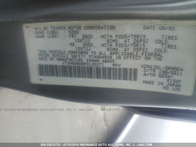 JT3VN39W9P0125271 - 1993 TOYOTA 4RUNNER VN39 SR5 灰色 照片 9