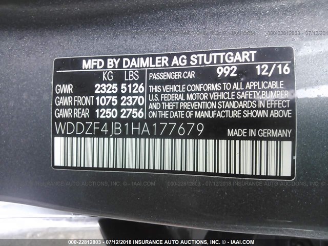 WDDZF4JB1HA177679 - 2017 MERCEDES-BENZ E 300 GRAY photo 9