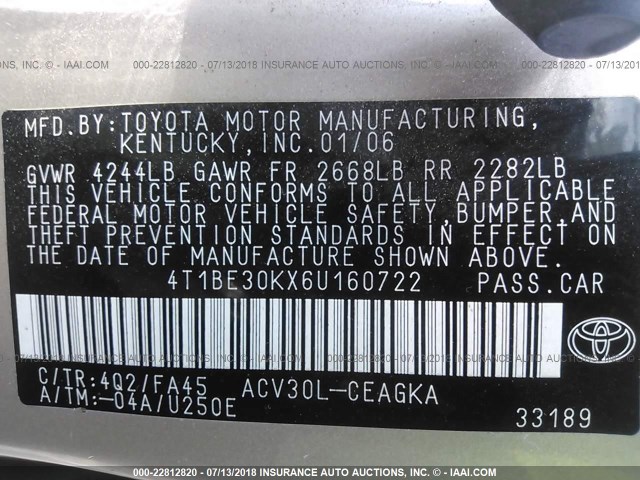 4T1BE30KX6U160722 - 2006 TOYOTA CAMRY LE/XLE/SE Qızıl foto 9