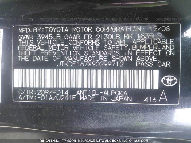 JTKDE167X90299712 - 2009 TOYOTA SCION TC შავი ფოტო 9