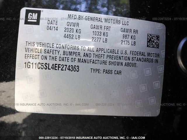 1G11C5SL4EF274363 - 2014 CHEVROLET MALIBU 1LT BLACK photo 9