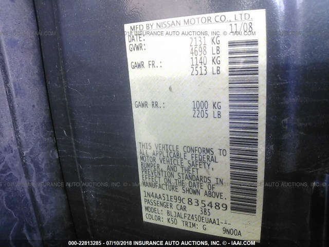 1N4AA51E99C835489 - 2009 NISSAN MAXIMA S/SV GRAY photo 9