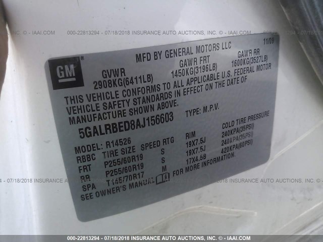 5GALRBED8AJ156603 - 2010 BUICK ENCLAVE CXL 白色 照片 9