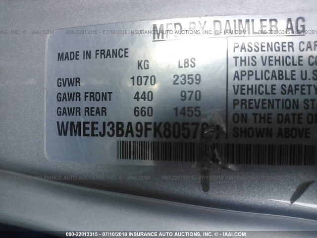 WMEEJ3BA9FK805780 - 2015 SMART FORTWO PURE/PASSION WHITE photo 9