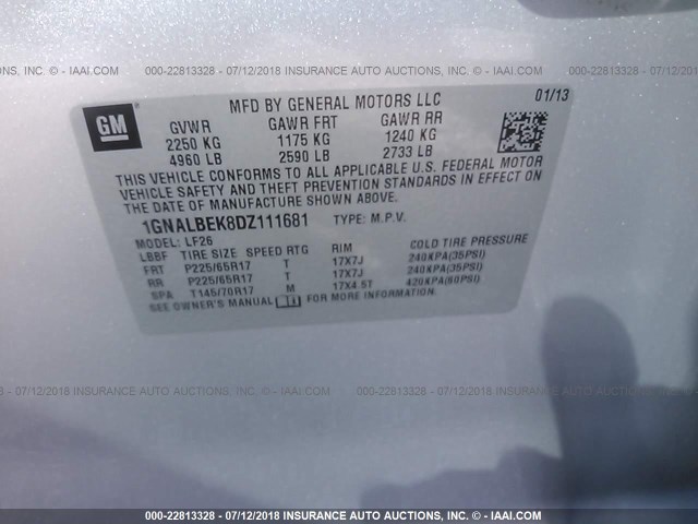 1GNALBEK8DZ111681 - 2013 CHEVROLET EQUINOX LS GRAY photo 9