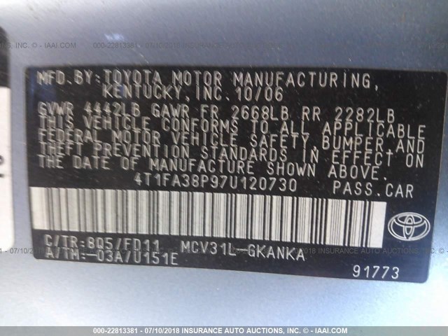 4T1FA38P97U120730 - 2007 TOYOTA CAMRY SOLARA SE/SLE Light Blue photo 9