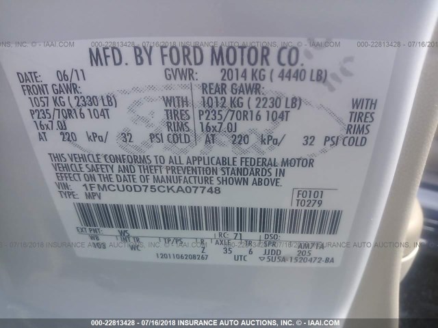 1FMCU0D75CKA07748 - 2012 FORD ESCAPE XLT WHITE photo 9