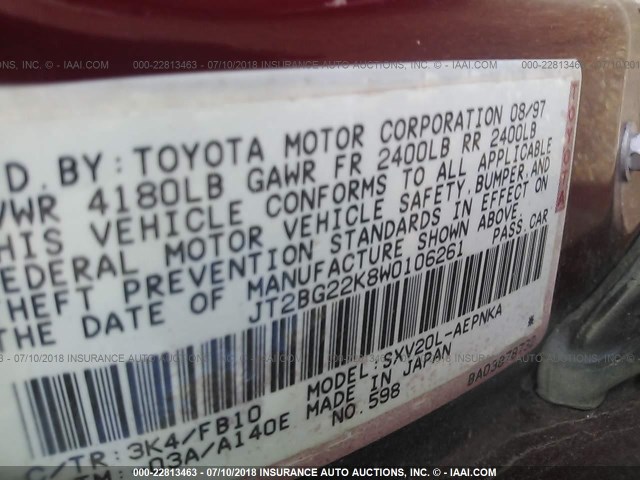 JT2BG22K8W0106261 - 1998 TOYOTA CAMRY CE/LE/XLE მუქწითელი ფოტო 9