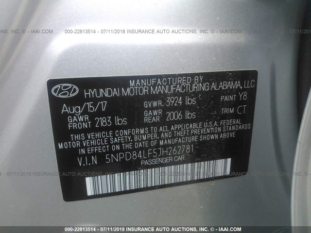 5NPD84LF5JH262781 - 2018 HYUNDAI ELANTRA SEL/VALUE/LIMITED SILVER photo 9