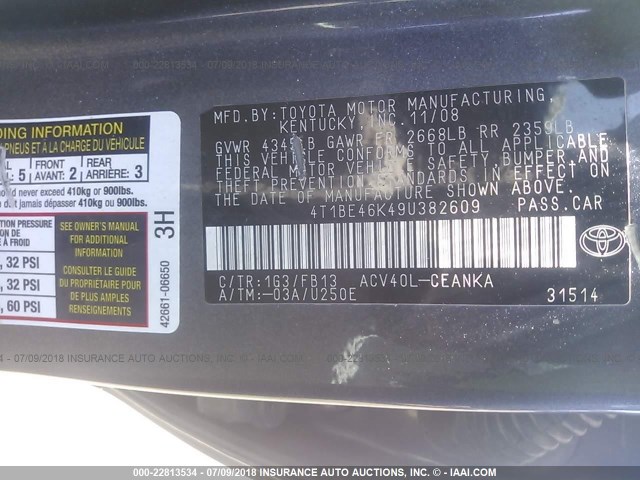 4T1BE46K49U382609 - 2009 TOYOTA CAMRY SE/LE/XLE 灰色 照片 9