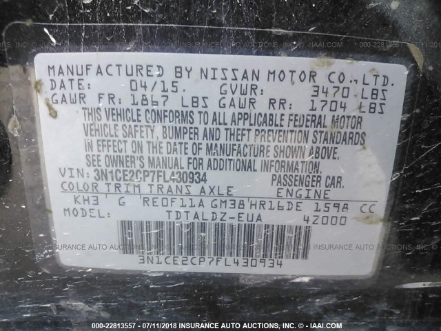 3N1CE2CP7FL430934 - 2015 NISSAN VERSA NOTE S/S PLUS/SV/SL/SR BLACK photo 9
