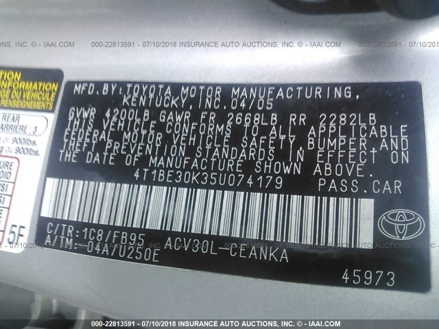 4T1BE30K35U074179 - 2005 TOYOTA CAMRY LE/XLE/SE 银色 照片 9