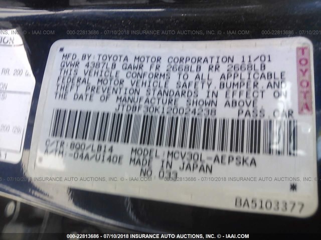 JTDBF30K120024238 - 2002 TOYOTA CAMRY LE/XLE/SE 蓝色 照片 9