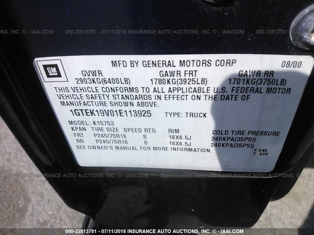 1GTEK19V01E113925 - 2001 GMC NEW SIERRA K1500 BLUE photo 9