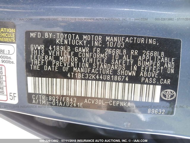 4T1BE32K44U818674 - 2004 TOYOTA CAMRY LE/XLE/SE 蓝色 照片 9