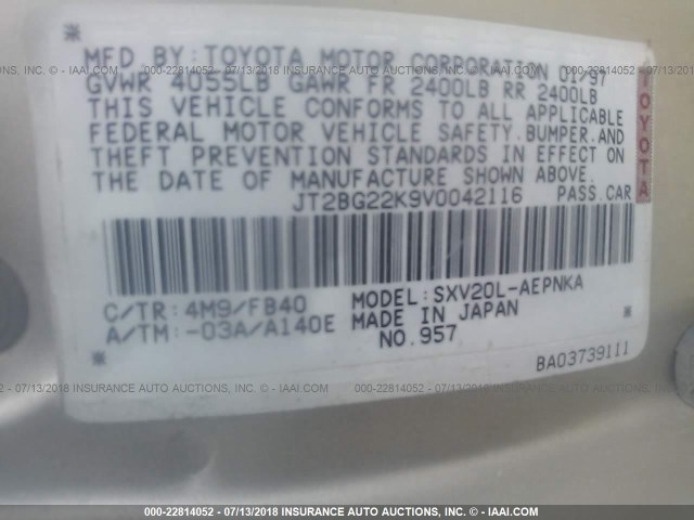 JT2BG22K9V0042116 - 1997 TOYOTA CAMRY LE/XLE GOLD photo 9
