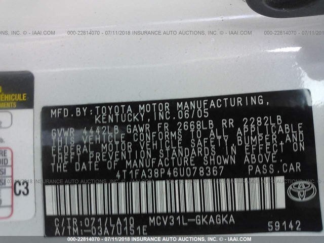 4T1FA38P46U078367 - 2006 TOYOTA CAMRY SOLARA SE/SLE WHITE photo 9