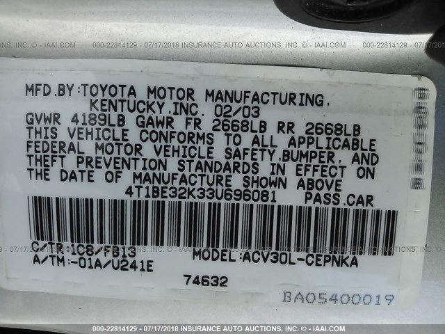 4T1BE32K33U696081 - 2003 TOYOTA CAMRY LE/XLE/SE Gümüş foto 9