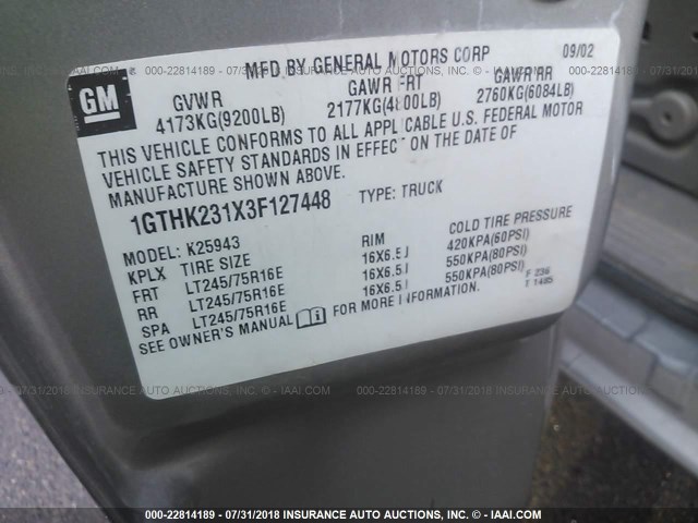 1GTHK231X3F127448 - 2003 GMC SIERRA K2500 HEAVY DUTY TAN photo 9