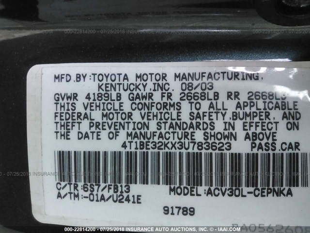 4T1BE32KX3U783623 - 2003 TOYOTA CAMRY LE/XLE/SE 绿色 照片 9