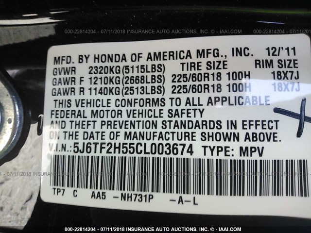 5J6TF2H55CL003674 - 2012 HONDA CROSSTOUR EXL შავი ფოტო 9