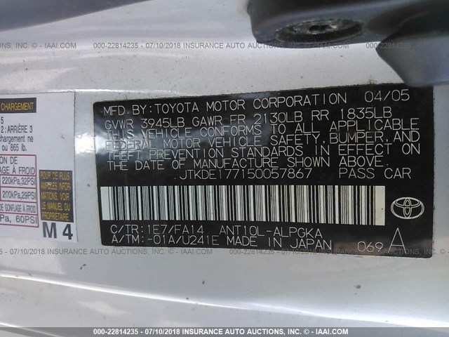 JTKDE177150057867 - 2005 TOYOTA SCION TC 银色 照片 9