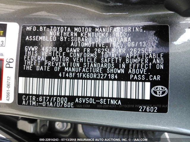 4T4BF1FK6DR327184 - 2013 TOYOTA CAMRY L/SE/LE/XLE 绿色 照片 9