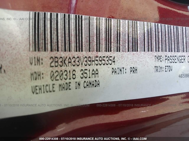 2B3KA33V39H595354 - 2009 DODGE CHARGER SXT RED photo 9