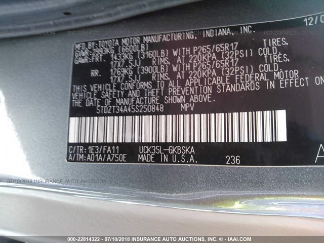 5TDZT34A45S250848 - 2005 TOYOTA SEQUOIA SR5 GRAY photo 9